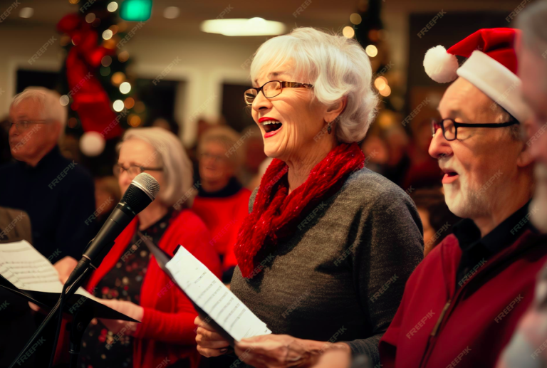 Image shows a group of people singing carols