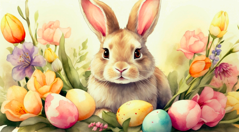A drawing of a rabbit surrounded by Easter Eggs