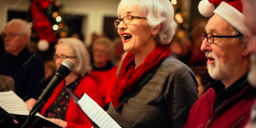 Image shows a group of people singing carols