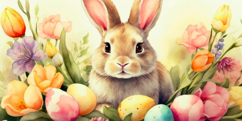 A drawing of a rabbit surrounded by Easter Eggs